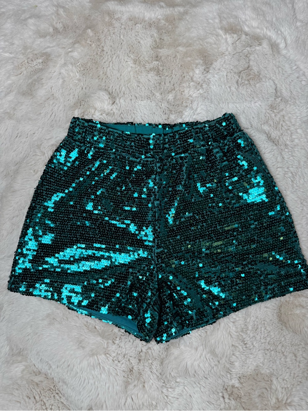 Sincerely Jules Teal Sequin High-Waist Shorts